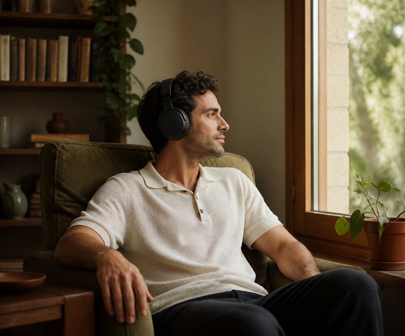 A listener wearing headphones in a comfortable chair beside a bright window