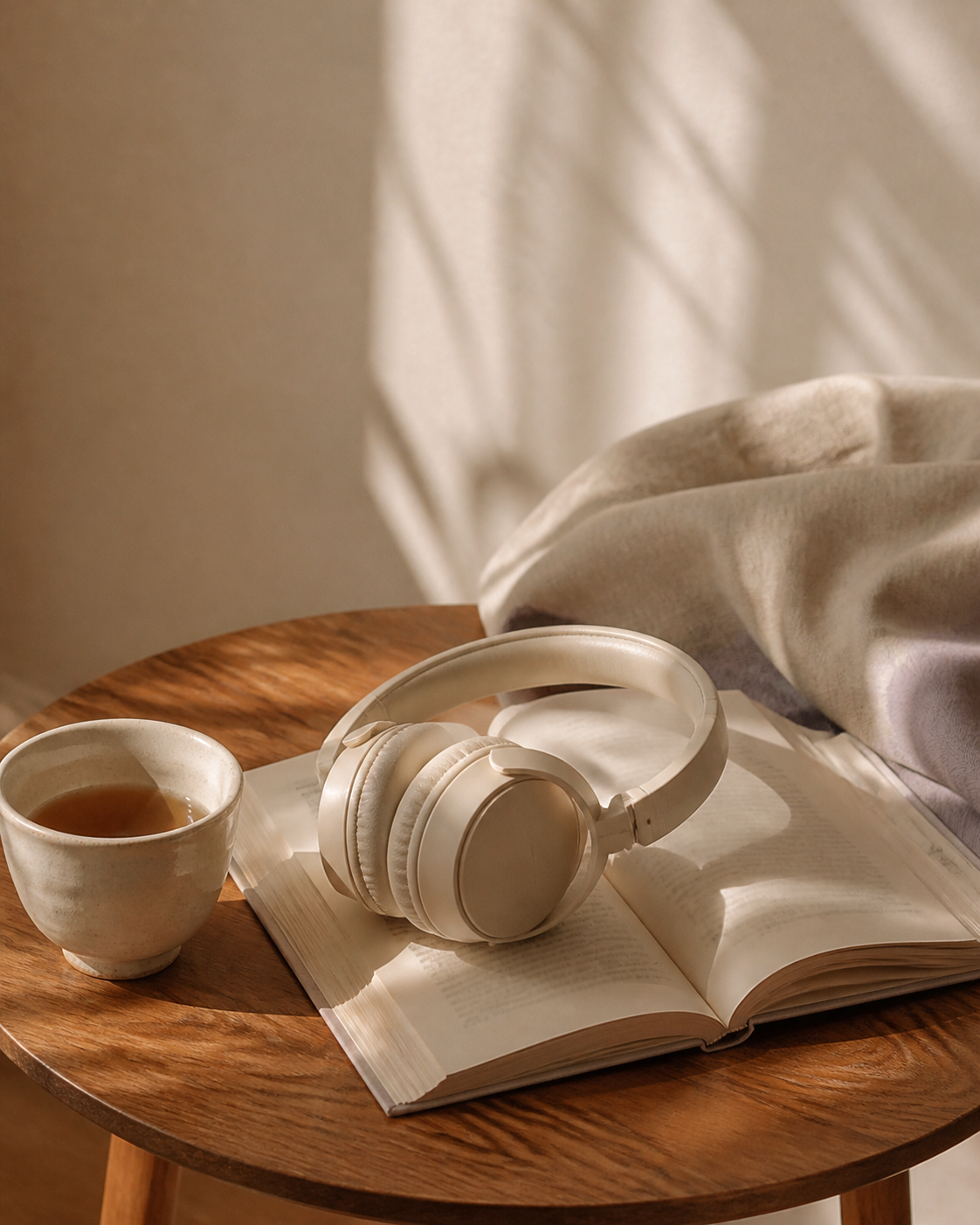 Over-ear headphones beside an open book and a cup of tea in warm afternoon light